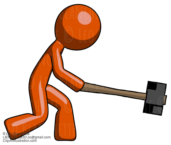 Orange Design Mascot Man Hitting With Sledgehammer, Or Smashing Something #9443