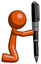 Orange Design Mascot Man posing with giant pen in powerful yet awkward manner.