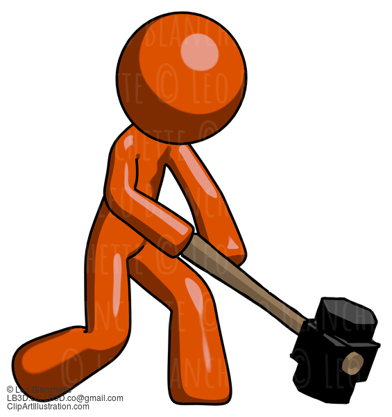 Orange Design Mascot Man Hitting With Sledgehammer, Or Smashing Something At Angle #9448