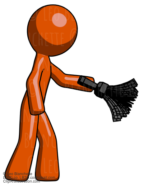 Orange Design Mascot Man Dusting With Feather Duster Downwards #9449