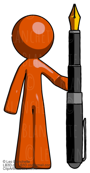 Orange Design Mascot Man Holding Giant Calligraphy Pen #9452