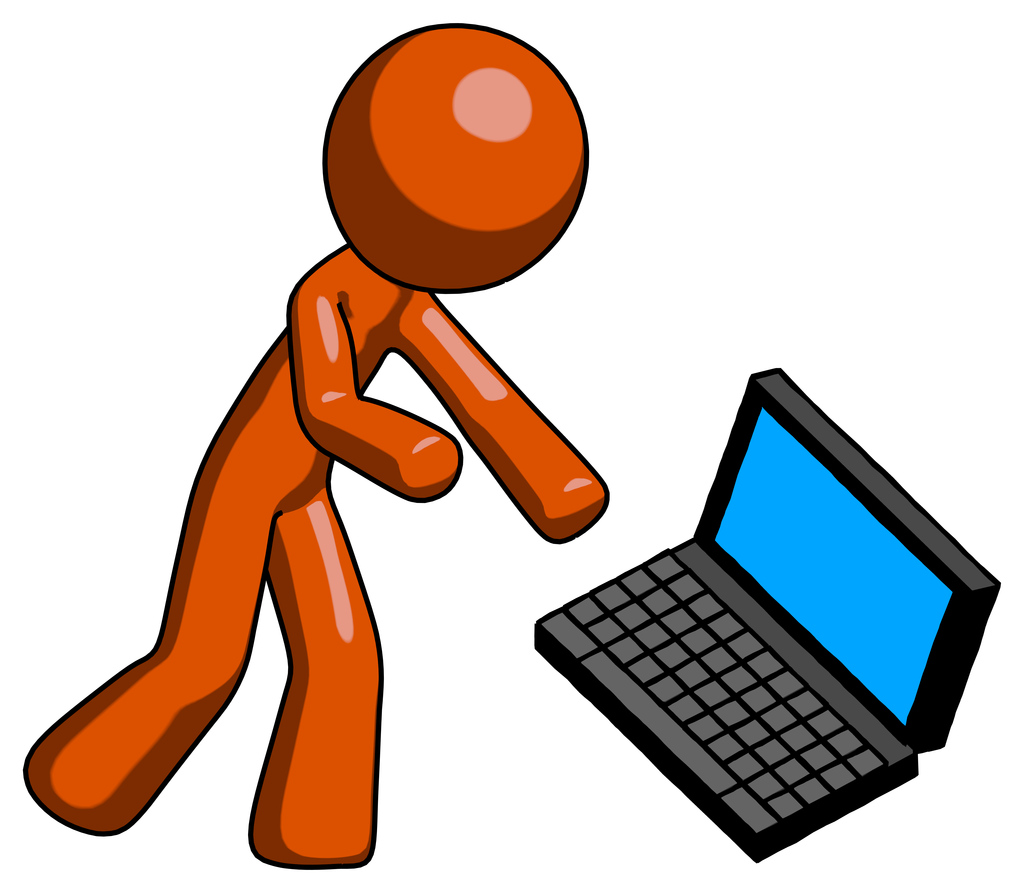 Orange Design Mascot Man throwing laptop computer in frustration