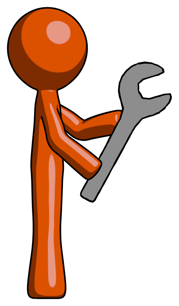 Orange Design Mascot Man Using Wrench Adjusting Something To Right