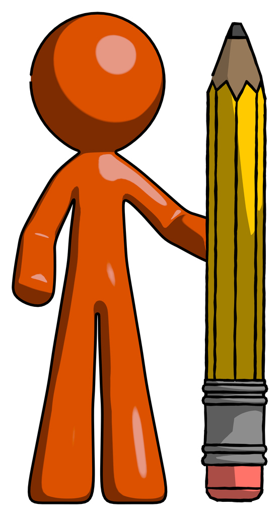 Orange Design Mascot Man with large pencil standing ready to write