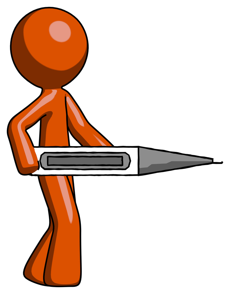 Orange Design Mascot Man Walking With Large Thermometer