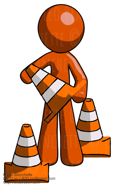 Orange Design Mascot Man Holding A Traffic Cone #9463