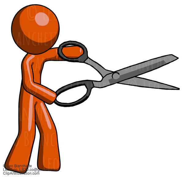 Orange Design Mascot Man Holding Giant Scissors Cutting Out Something #9464