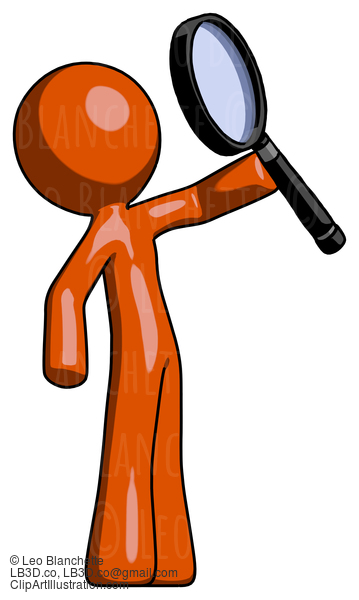 Orange Design Mascot Man Inspecting With Large Magnifying Glass Facing Up #9467