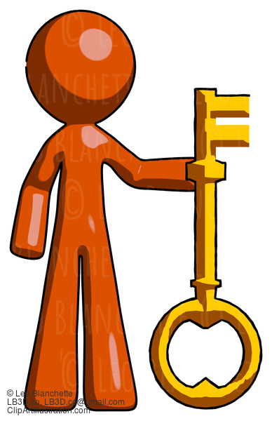 Orange Design Mascot Man Holding Key Made Of Gold #9470