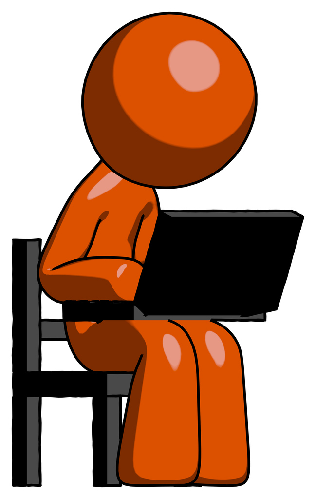 Orange Design Mascot Man using laptop computer while sitting in chair angled right