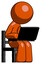 Orange Design Mascot Man using laptop computer while sitting in chair angled right