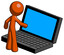Orange Design Mascot Man using large laptop computer