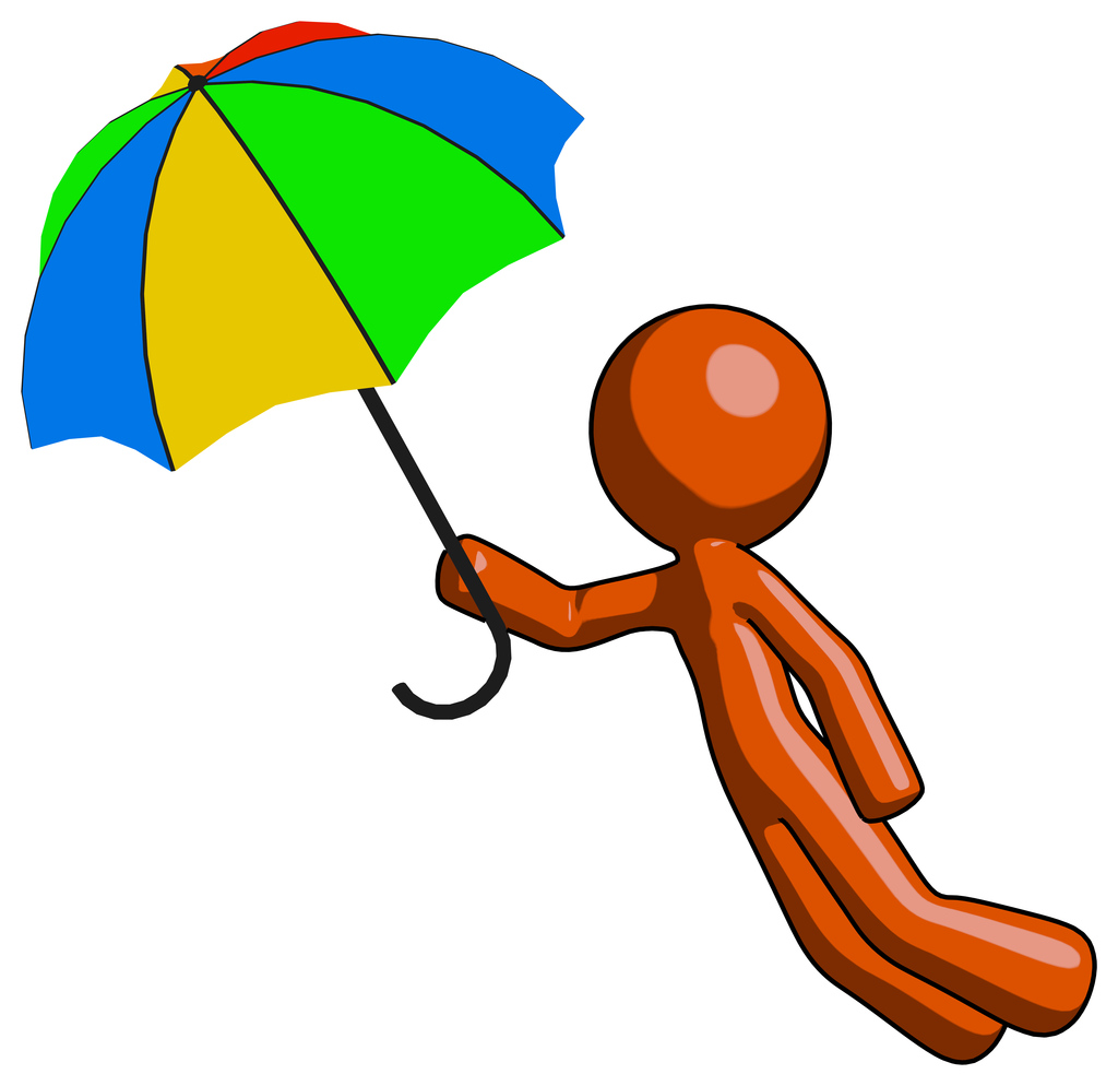 Orange Design Mascot Man Flying With Rainbow Colored Umbrella
