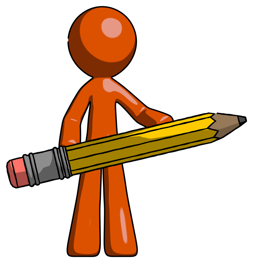 Orange Design Mascot Man writer or blogger holding large pencil