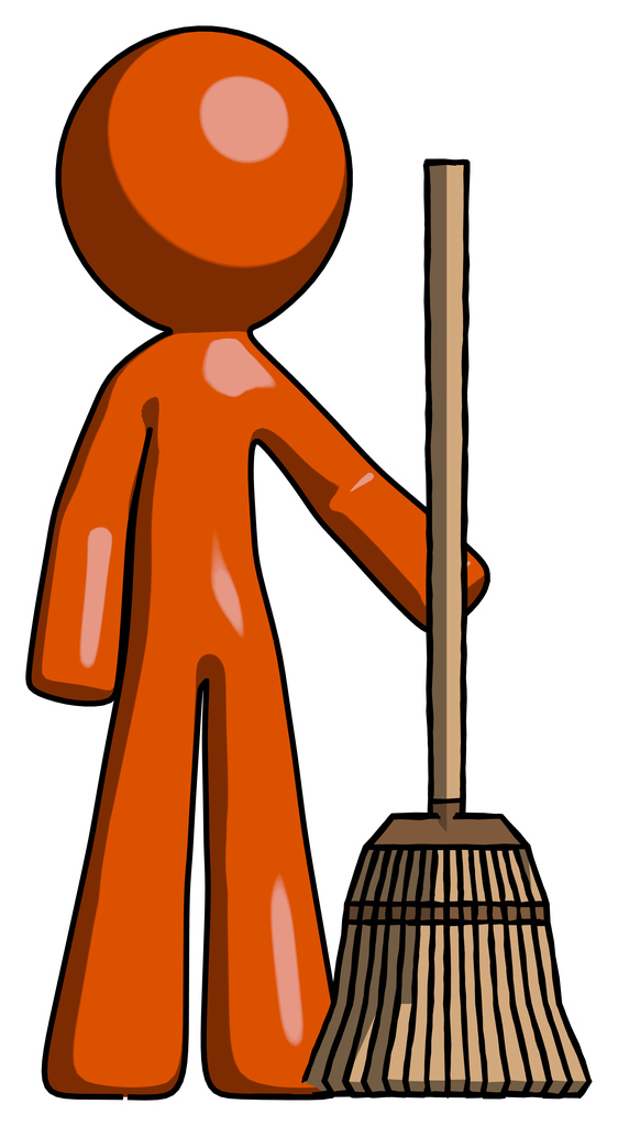 Orange Design Mascot Man standing with broom cleaning services