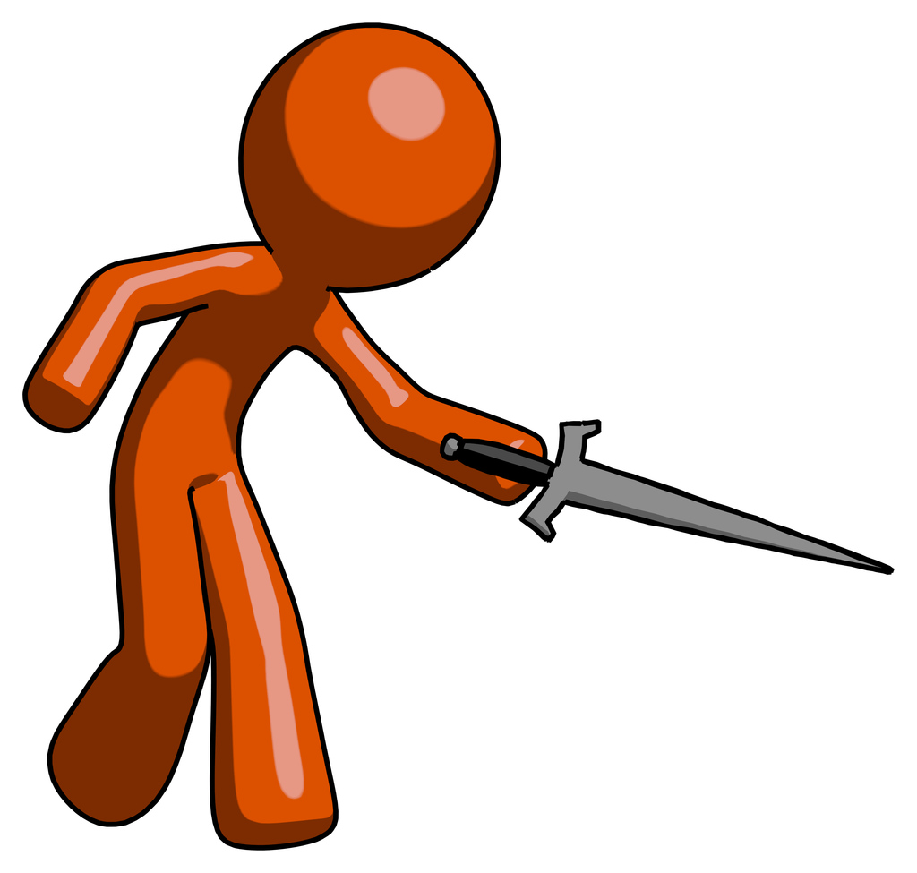Orange Design Mascot Man sword pose stabbing or jabbing