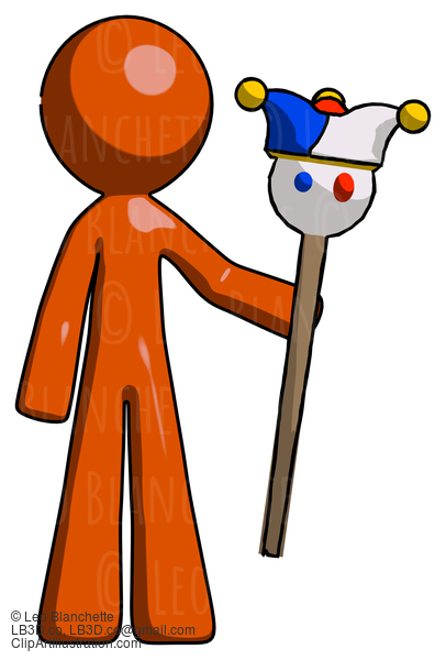 Orange Design Mascot Man Holding Jester Staff #9492