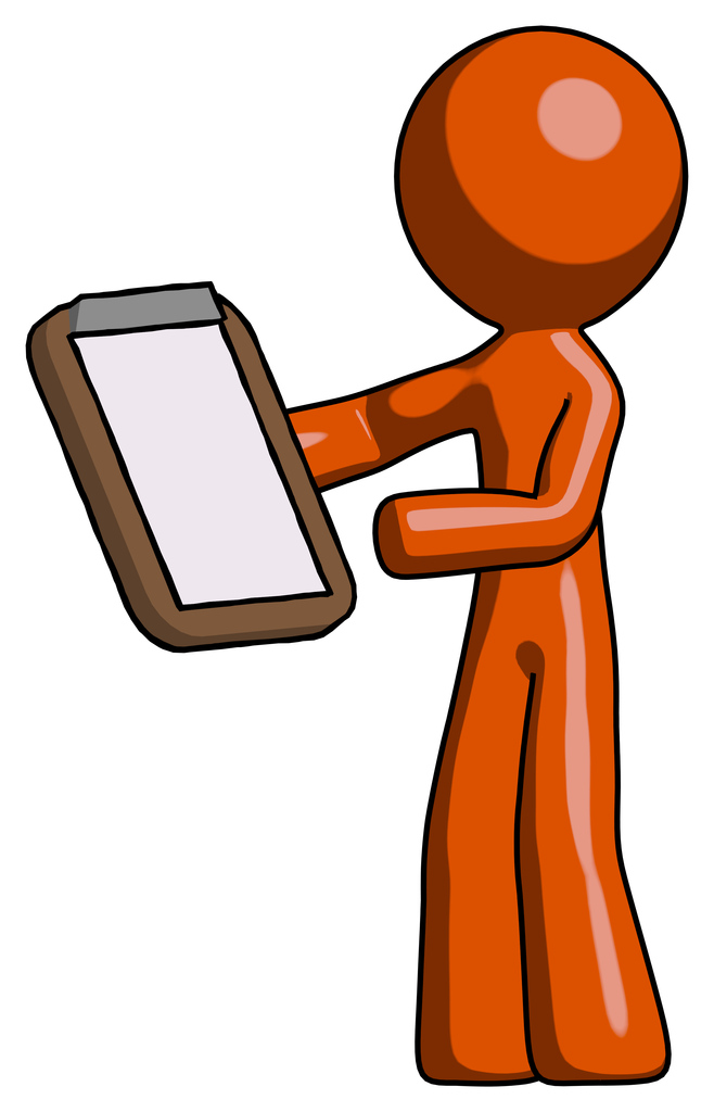 Orange Design Mascot Man Reviewing Stuff On Clipboard