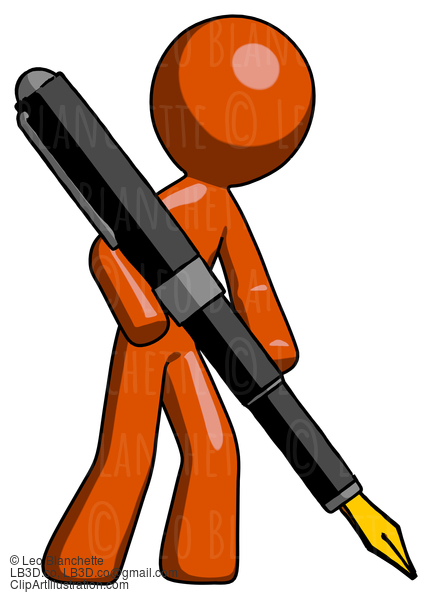 Orange Design Mascot Man Drawing Or Writing With Large Calligraphy Pen #9494