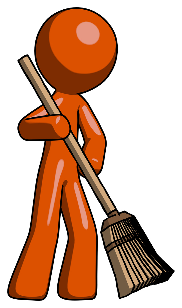 Orange Design Mascot Man sweeping area with broom