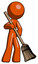 Orange Design Mascot Man sweeping area with broom