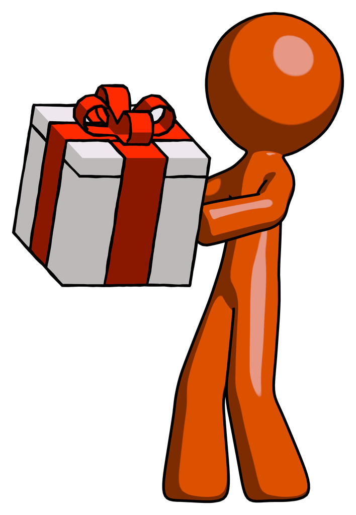Orange Design Mascot Man Presenting A Present With Large Red Bow On It