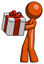 Orange Design Mascot Man Presenting A Present With Large Red Bow On It