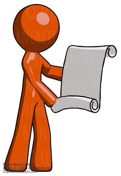 Orange Design Mascot Man Holding Blueprints Or Scroll #9501