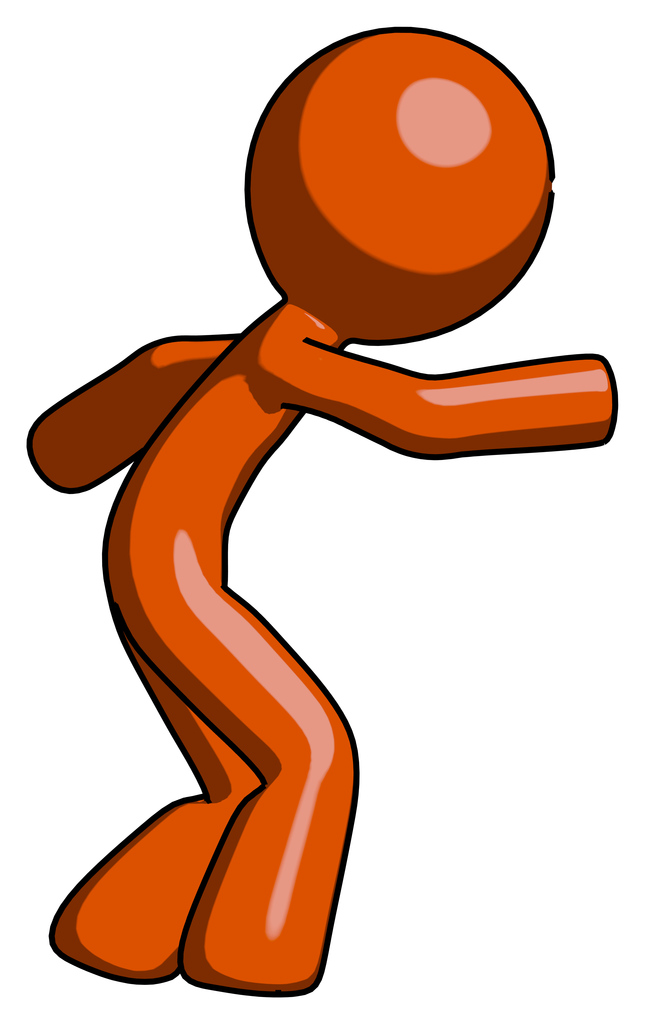 Orange Design Mascot Man sneaking while reaching for something