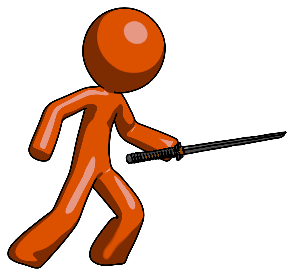 Orange Design Mascot Man stabbing with ninja sword katana
