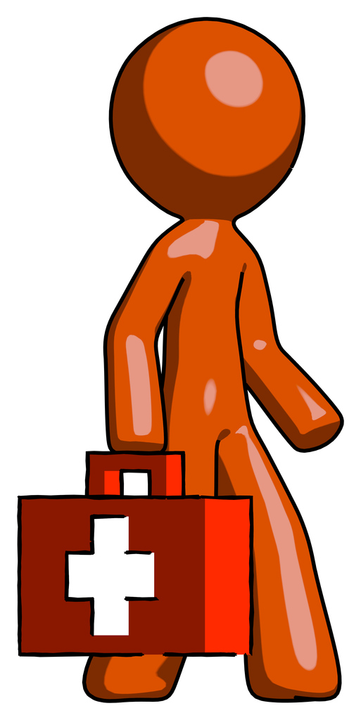 Orange Design Mascot Man Walking With Medical Aid Briefcase To Right