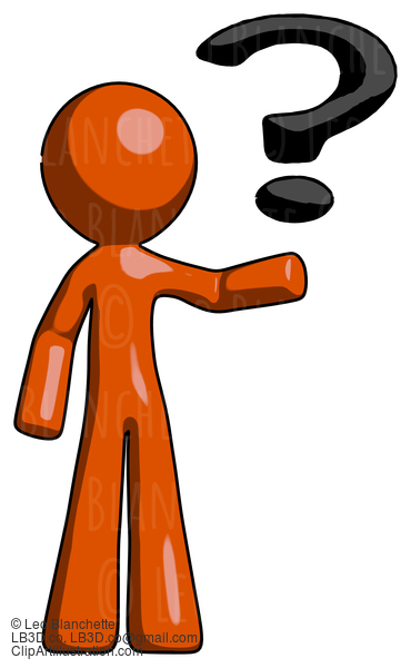 Orange Design Mascot Man Holding Question Mark To Right #9506