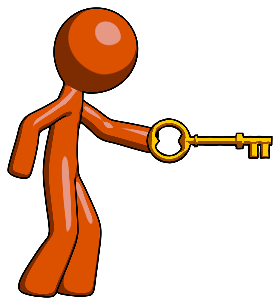 Orange Design Mascot Man with big key of gold opening something