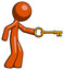 Orange Design Mascot Man with big key of gold opening something