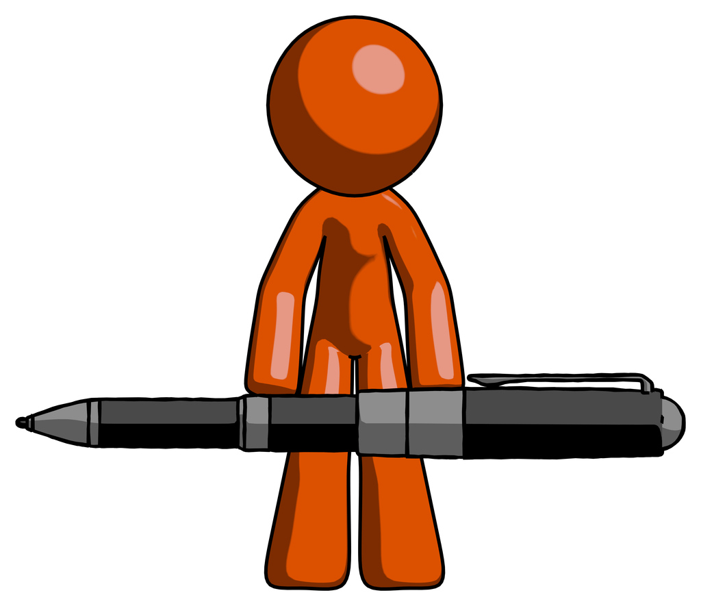 Orange Design Mascot Man weightlifting a giant pen