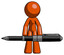 Orange Design Mascot Man weightlifting a giant pen