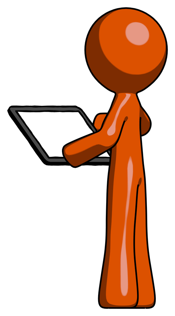 Orange Design Mascot Man looking at tablet device computer with back to viewer