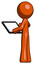 Orange Design Mascot Man looking at tablet device computer with back to viewer
