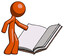 Orange Design Mascot Man reading big book while standing beside it