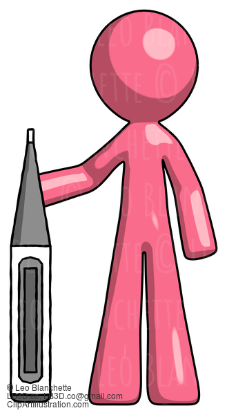 Pink Design Mascot Man Standing With Large Thermometer #9520