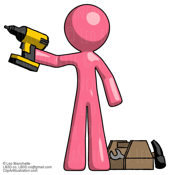 Pink Design Mascot Man Holding Drill Ready To Work, Toolchest And Tools To Right #9522