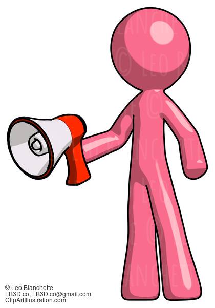 Pink Design Mascot Man Holding Megaphone Bullhorn Facing Right #9524