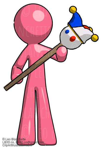 Pink Design Mascot Man Holding Jester Diagonally #9525