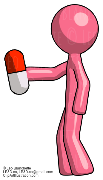 Pink Design Mascot Man Holding Red Pill Walking To Left #9526