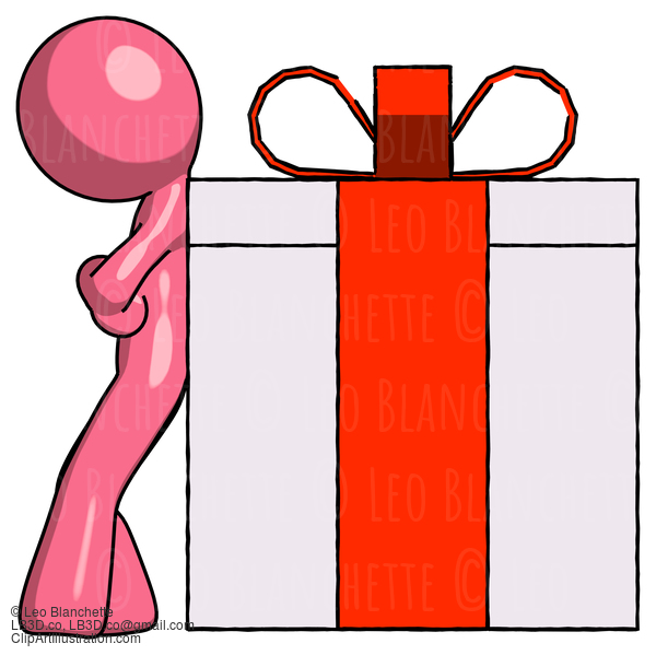 Pink Design Mascot Man Gift Concept - Leaning Against Large Present #9527