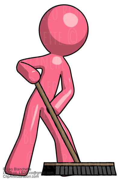 Pink Design Mascot Man Cleaning Services Janitor Sweeping Floor With Push Broom #9529