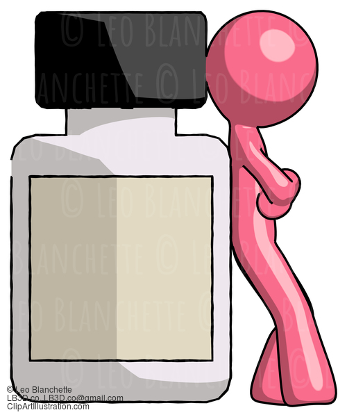 Pink Design Mascot Man Leaning Against Large Medicine Bottle #9531