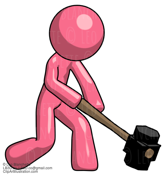 Pink Design Mascot Man Hitting With Sledgehammer, Or Smashing Something At Angle #9535