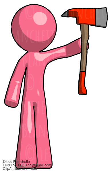 Pink Design Mascot Man Holding Up Red Firefighter’S Ax #9538