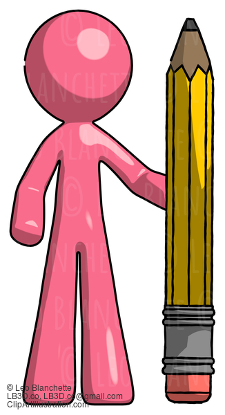 Pink Design Mascot Man With Large Pencil Standing Ready To Write #9541